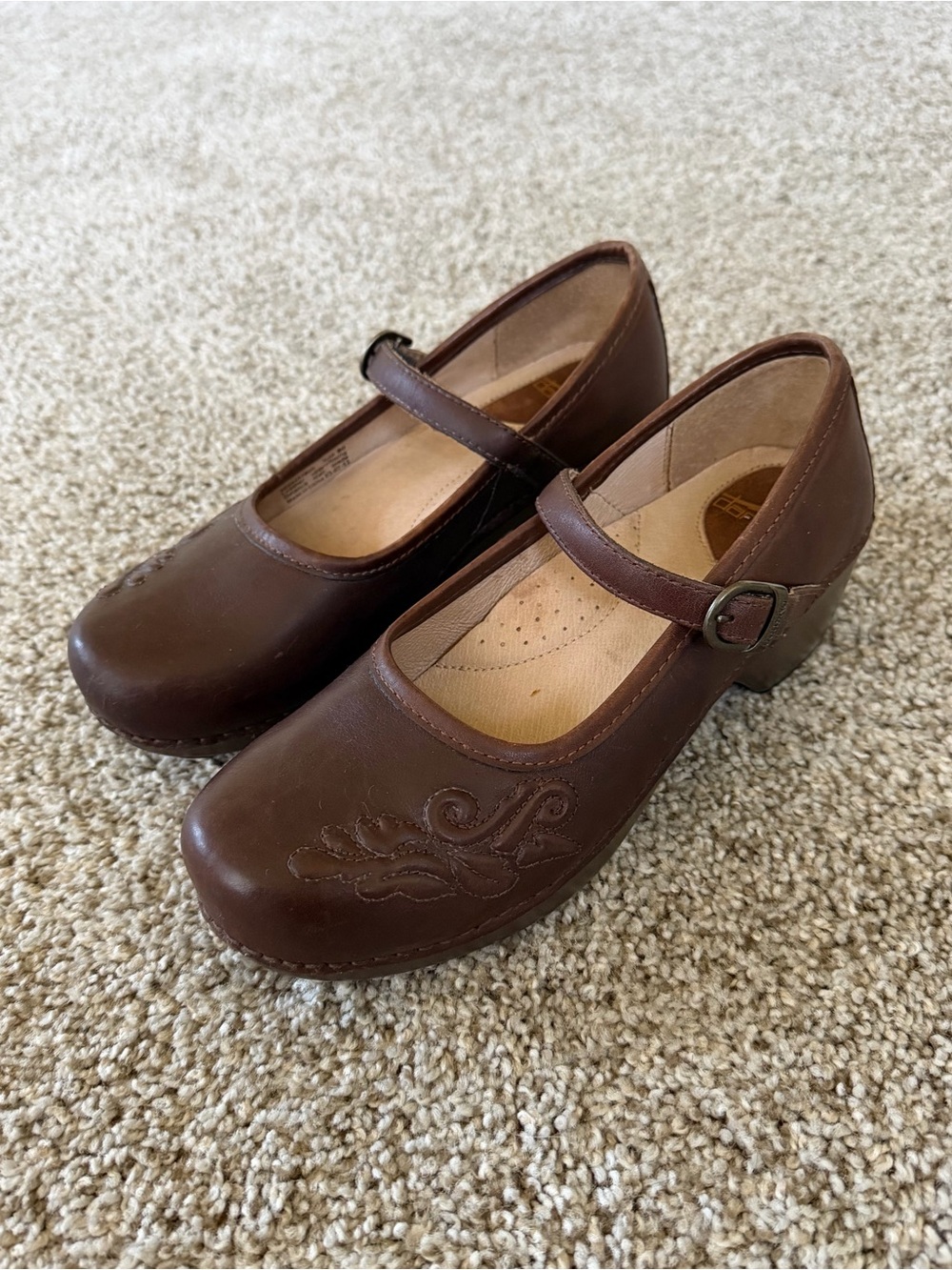Leather Chocolate Brown Dansko Cute Embroidered Mary Jane Clogs